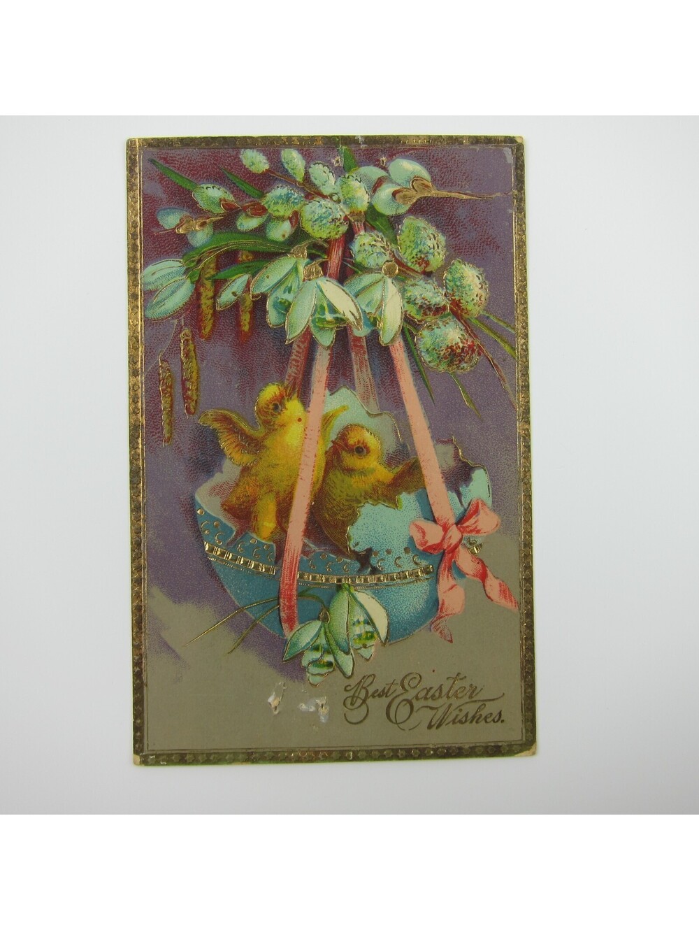 Easter Postcard Yellow Chicks Hatch From Blue Egg Gold Embossed Germany Antique